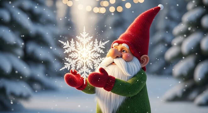 Whimsical Winter Gnome Holding a Glowing Snowflake in Snowy Forest.