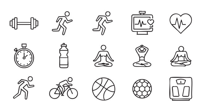Fitness and exercise line icons representing various physical activities vector illustration