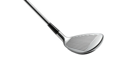 Silver golf club head showing face grooves, against black