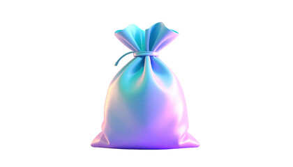 Shiny, iridescent pouch, tied at the top. Dark background