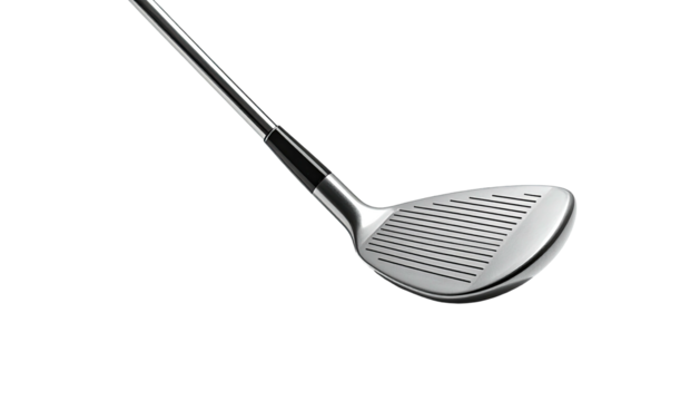 Silver golf club head showing face grooves, against black