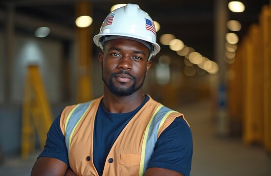 Black construction worker in hard hat and safety vest stands with crossed arms at industrial site. Man poses confidently, ready for work building city infrastructure.