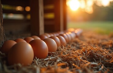 Brown eggs in a row on straw inside a coop. Eggs are fresh from the farm. Warm sunlight shines on the eggs in the morning. Coop is made of wood with a blurry green field outside.
