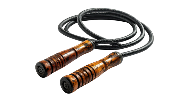 Worn jump rope coiled, showing wooden handles on black ground