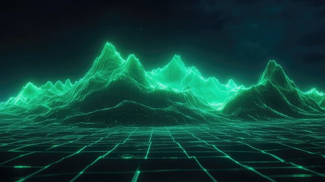 Futuristic digital mountains forming virtual reality landscape grid