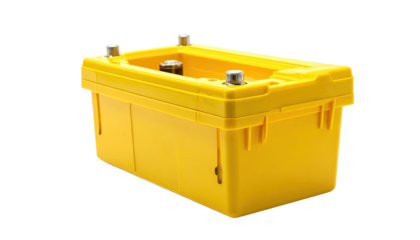 Yellow rectangular battery with terminals atop, against black