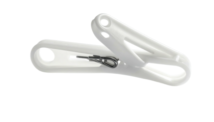 White plastic clip with metal spring mechanism, angled view