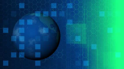 Digital world global network technology visualization abstract blue background with hexagon grid and dynamic data squares - Powered by Adobe