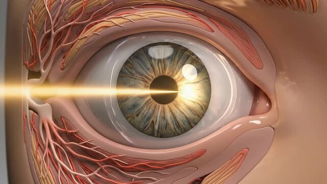 Detailed 3D Medical Animation Illustrating the Human Eye Anatomy With Light Ray Entering Cornea and Iris Detailed Anatomy Close Up
