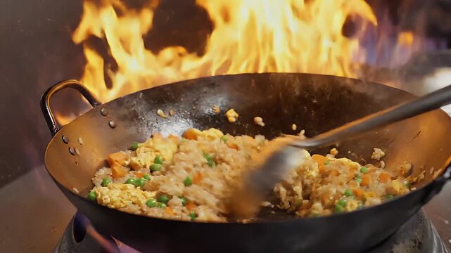 Wok Hei Stir-Frying Fried Rice with Fiery Flames