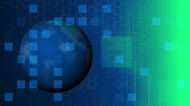 Digital world global network technology visualization abstract blue background with hexagon grid and dynamic data squares - Powered by Adobe