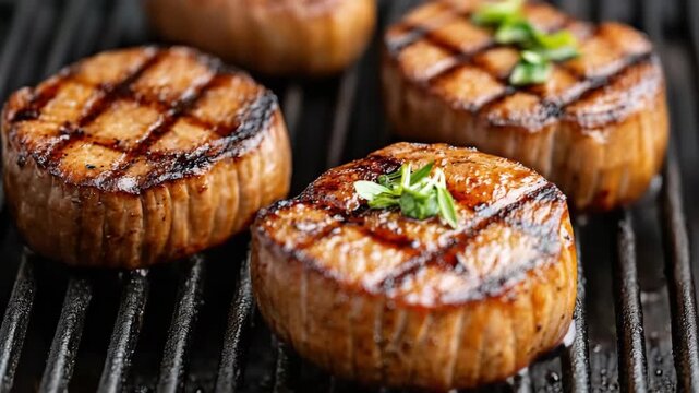 Grilled filet mignon medallion steak seared with smoky char grill, herb garnish and juicy medallion