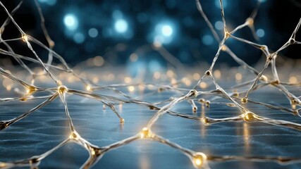 Neural network connection synapse glowing light mesh with warm lights and bokeh reflective surface - Powered by Adobe