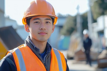 Asian young man, a builder and inspector, stands outside in a hard hat and vest, inspecting and recording work progress with great attention to detail, Generative AI