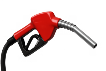 Red gas pump nozzle and black hose for dispensing petrol or gasoline, symbolizing fuel consumption and energy industry