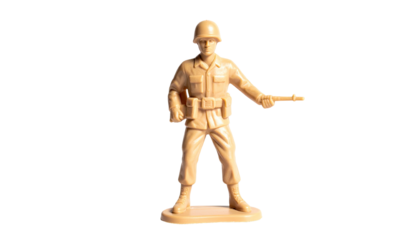 Plastic soldier figurine, helmeted, khaki uniform, gun