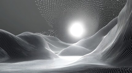 Abstract glowing sun over wireframe digital landscape