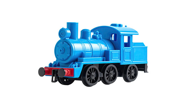 Blue toy train with black wheels on a pure black background - Powered by Adobe