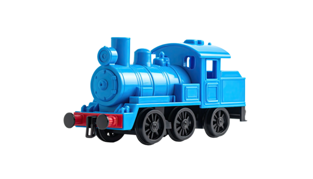 Blue toy train with black wheels on a pure black background
