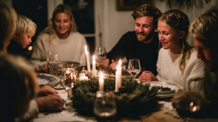 Family gathered around cozy candlelit holiday dinner, sharing food and warm moments together at home