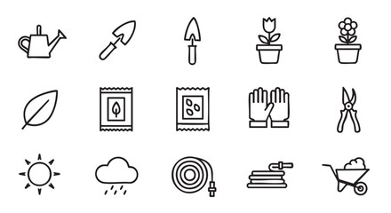Fototapeta premium Gardening icons set in minimal line art style simple design
