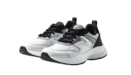 Pair of monochrome sporty athletic shoes against black backdrop