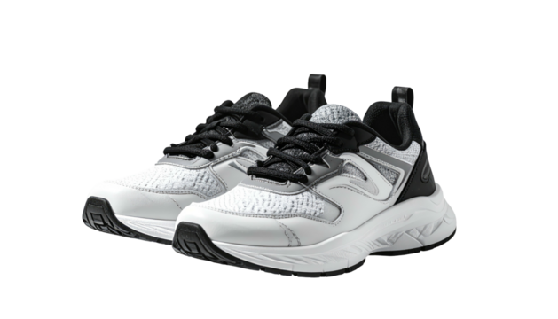 Pair of monochrome sporty athletic shoes against black backdrop