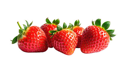 Five vibrant strawberries with green leaves against black backdrop