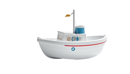 Cartoonish white boat with cabin and mast, isolated