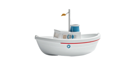 Cartoonish white boat with cabin and mast, isolated