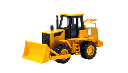 Yellow toy bulldozer with black details sits isolated