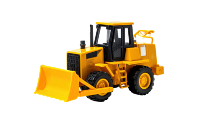 Yellow toy bulldozer with black details sits isolated