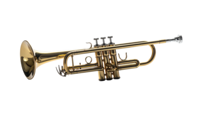 Gleaming gold trumpet on black backdrop, classical instrument
