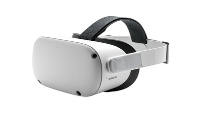 White VR headset, head strap, front facing view on dark background