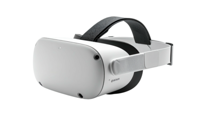 White VR headset, head strap, front facing view on dark background