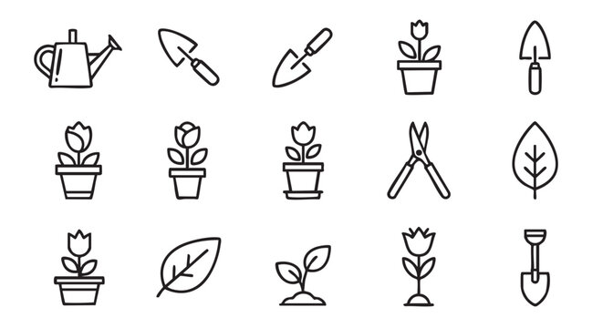 Gardening tools and flower icons set in simple line style