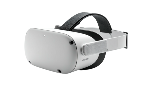 White VR headset, head strap, front facing view on dark background