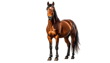Elegant brown horse stands against a stark, black background