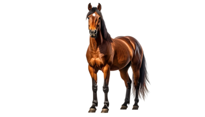 Elegant brown horse stands against a stark, black background