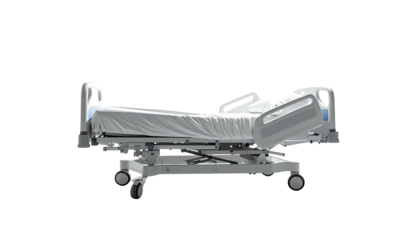 Hospital bed angled, clean white sheets, side rail up, on casters