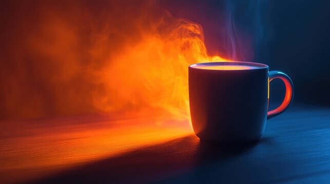 Steaming mug glowing with hot coffee on tabletop