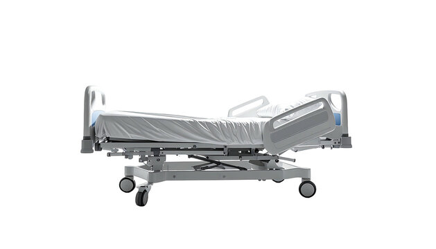 Hospital bed angled, clean white sheets, side rail up, on casters