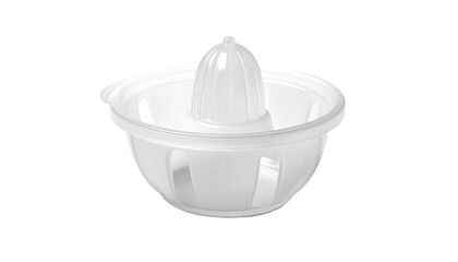 White plastic citrus juicer with strainer on a white background