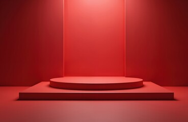 Obraz premium Red elevated platform stage for product display. Modern geometric pedestal for presentations and advertising. Minimalist background for promotions and commercial events.