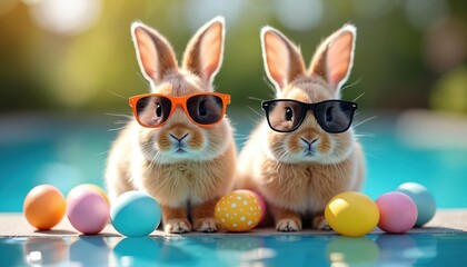Two cute rabbits wear sunglasses near pool with colorful easter eggs. Spring holiday celebration scene with funny bunnies enjoying sunny day poolside. Relaxing hares with eyewear and dyed eggs.