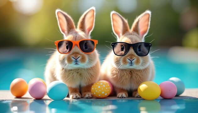 Two cute rabbits wear sunglasses near pool with colorful easter eggs. Spring holiday celebration scene with funny bunnies enjoying sunny day poolside. Relaxing hares with eyewear and dyed eggs.