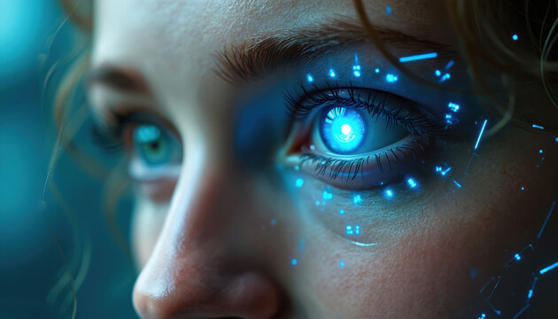 Close up of a person with a bright blue digital eye. Glowing circuits and data points surround the eye, showing advanced cybernetic enhancement and future tech.