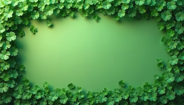 Rich green shamrocks frame a central empty space with soft shadows. This verdant border evokes spring freshness and luck, suitable for St. Patricks Day or nature themes.