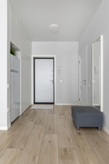 Bright Entryway Interior with Mirror and Ottoman