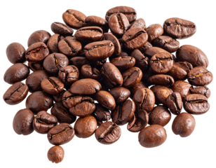 Close-up studio shot of a pile of roasted coffee beans. The beans are various shades of brown